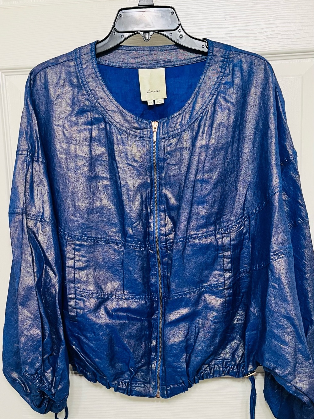 Elevenses Linen Blend  Metallic Blue Zip-Front Women's Jacket,Size M/L